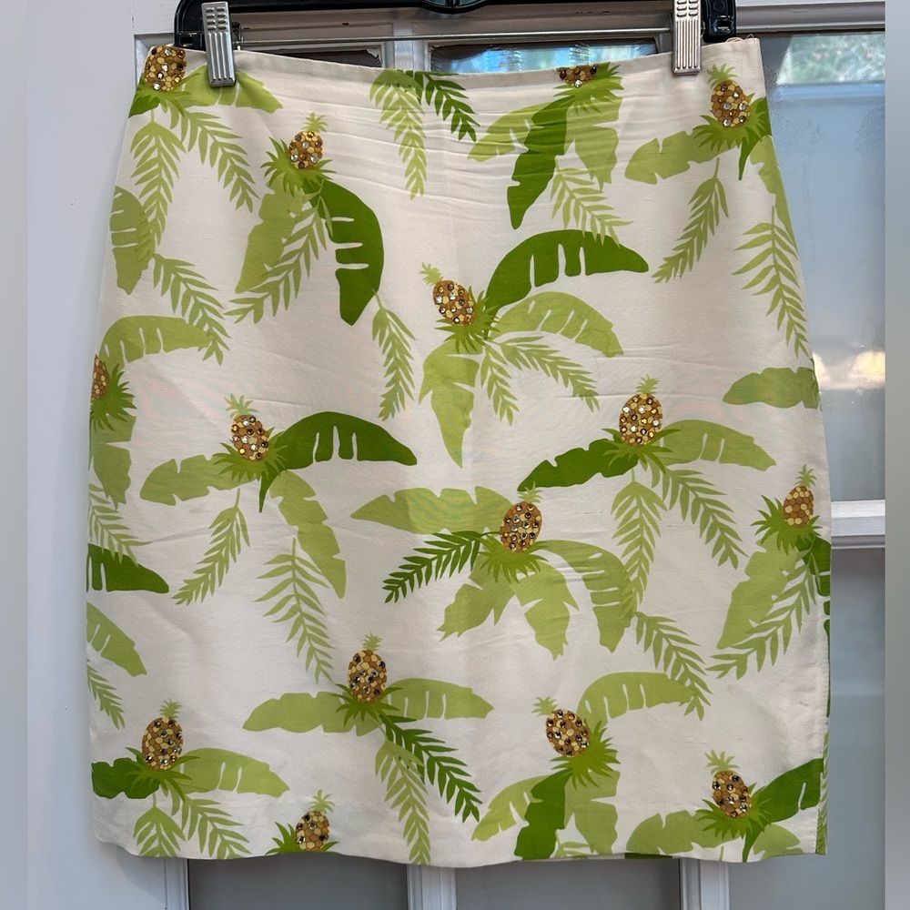 Muse Tropical Leaf Sequin Pineapple 100% Silk Skirt Resort Vacation Size 10